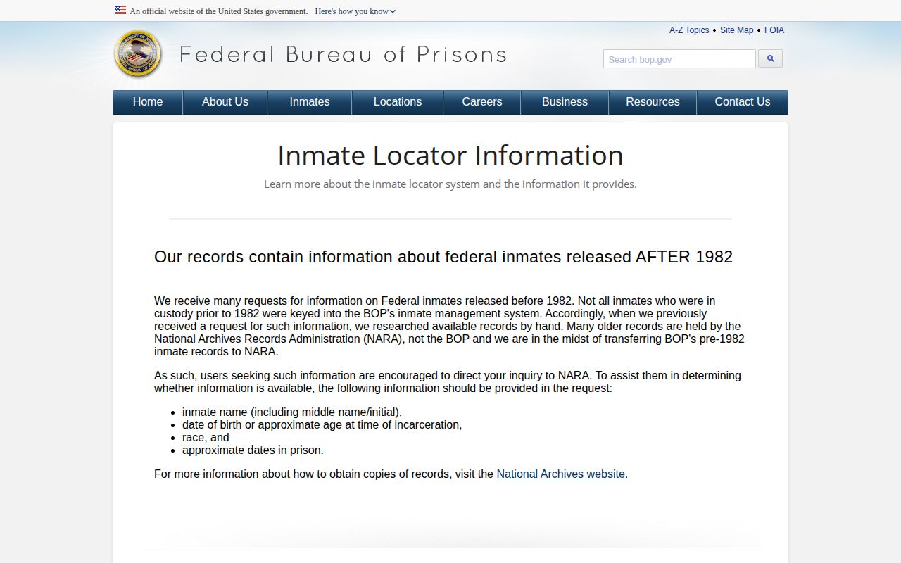BOP explanation of federal released and not in custody records for Surry County