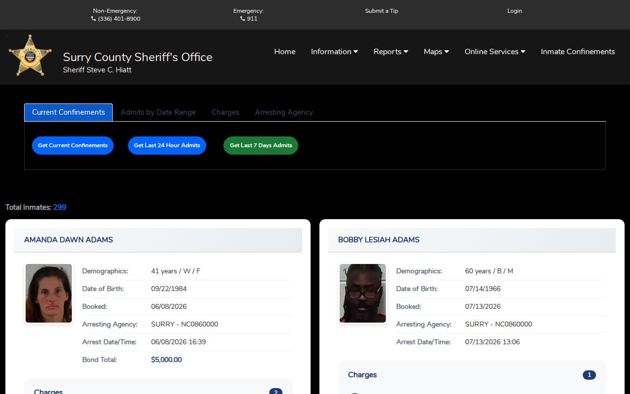 Surry booking portal with current confinements, admissions windows, and disabled releases control