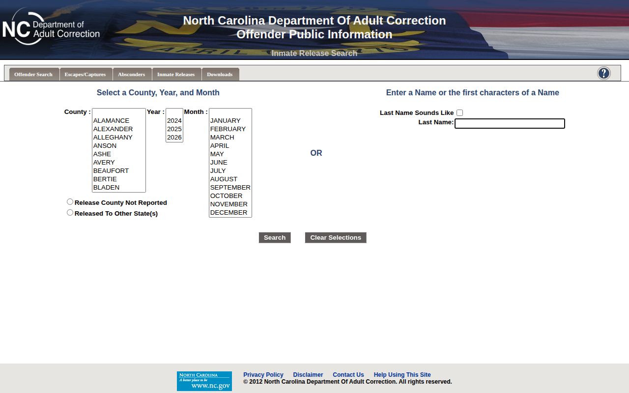 NCDAC dedicated offender release search form
