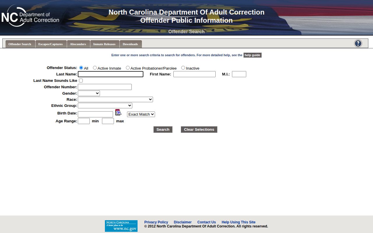 NCDAC offender search form for Surry County state prison release records