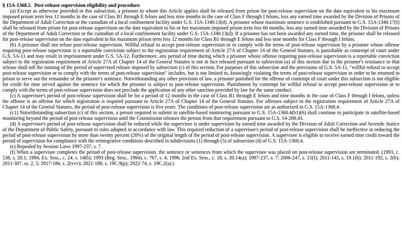 Surry County projected release date and North Carolina post-release supervision law