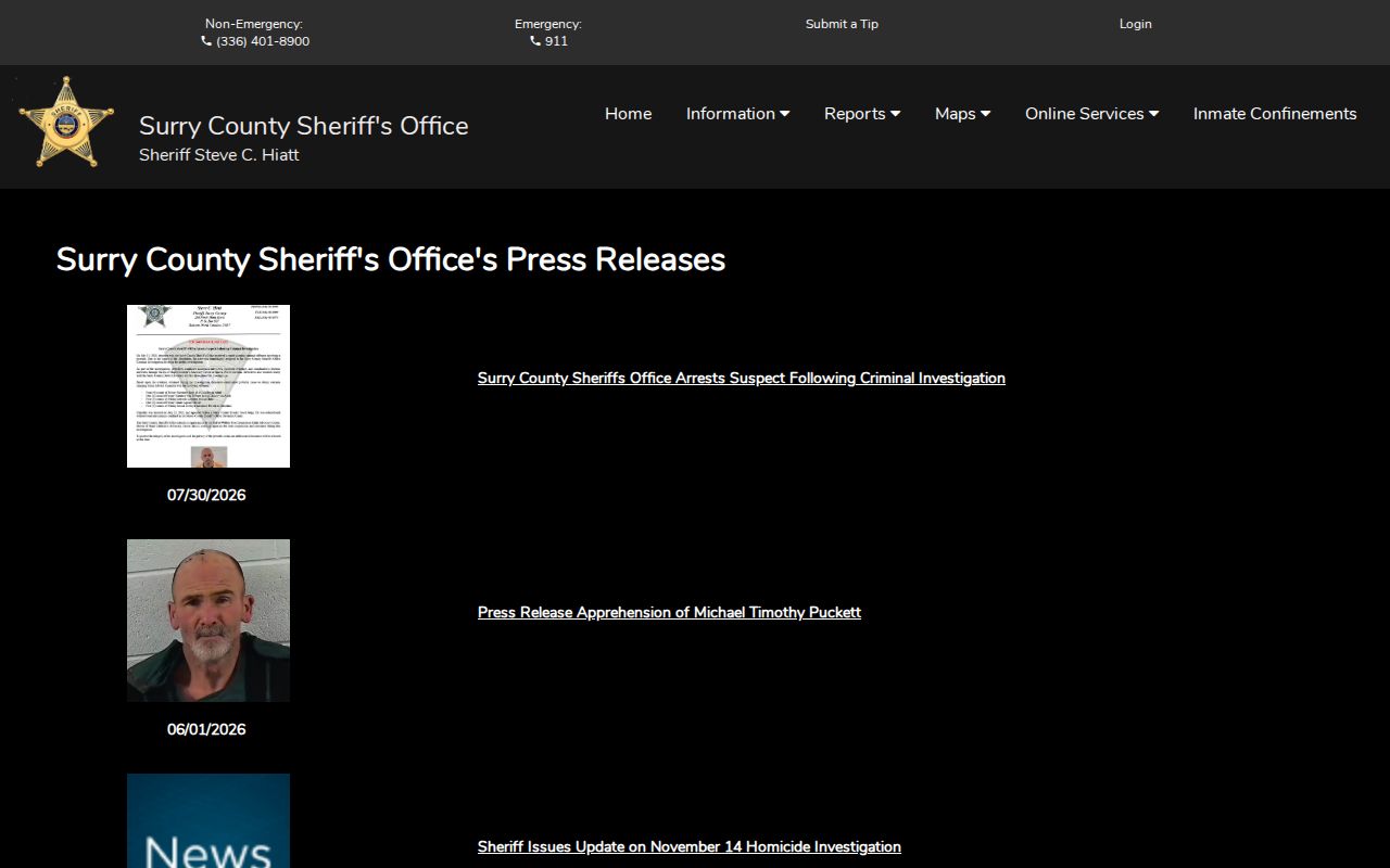 Surry County Sheriff press release channel for released mugshot discovery